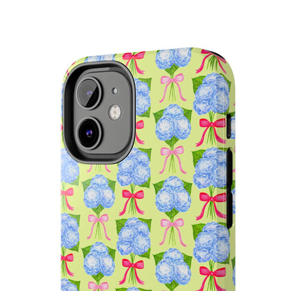 Watercolor Blue Hydrangea Bouquets with Hot Pink and Light Pink Bow Ribbons Illustrated Pattern Yellow Tough Phone Case | Various Models