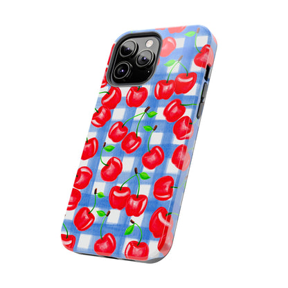 Tossed Red Cherries Blue Gingham Checkered Watercolor Illustrated Tough Phone Case | Various Models