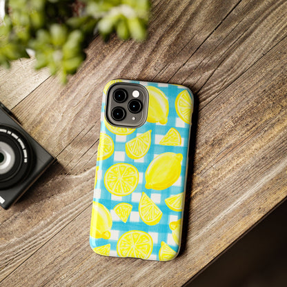 Yellow Lemons & Turquoise Gingham Watercolor Illustrated Tough Phone Case | Various Models Available