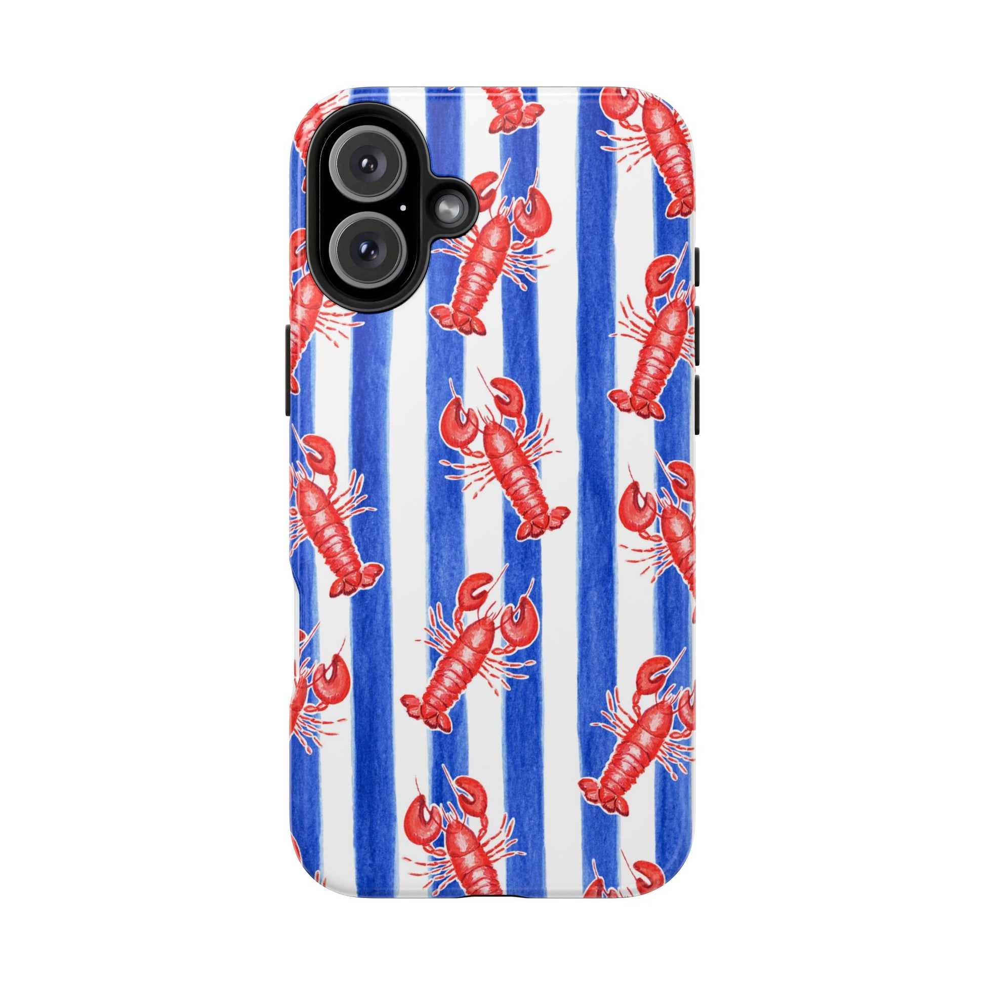 Blue & White Strip Red Lobster Watercolor Patterned Phone Case | Various Models iPhone 16 Plus