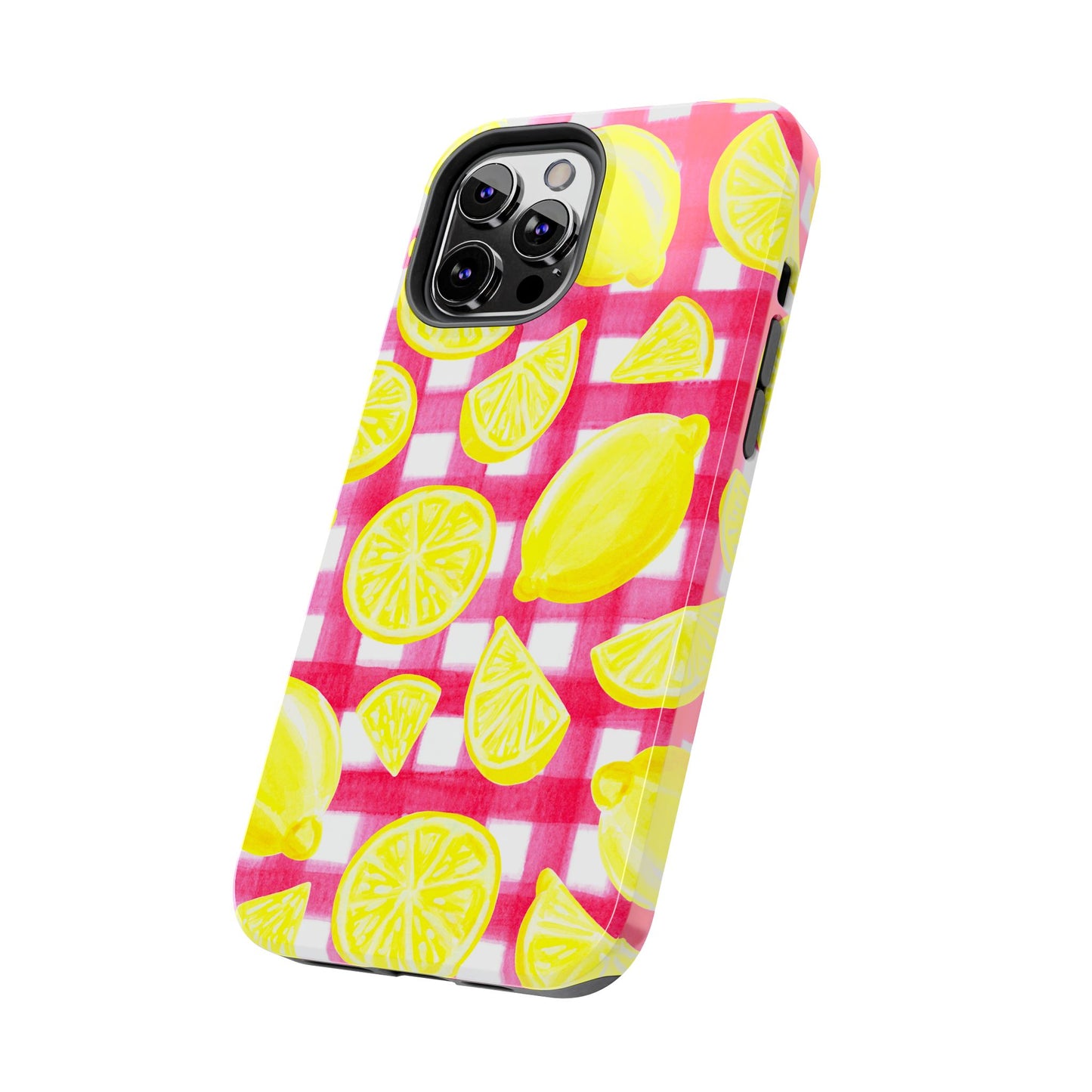 Yellow Lemons & Hot Pink Gingham Watercolor Illustrated Tough Phone Case | Various Models Available