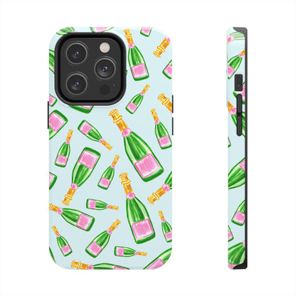 Tossed Pink and Green Watercolor Illustrated Champagne Bottles Pattern Light Blue Tough Phone Case | Various Models