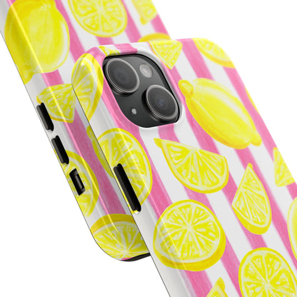 Pink Lemonade Yellow Lemons with Pink & White Watercolor Stripes Tough Phone Case