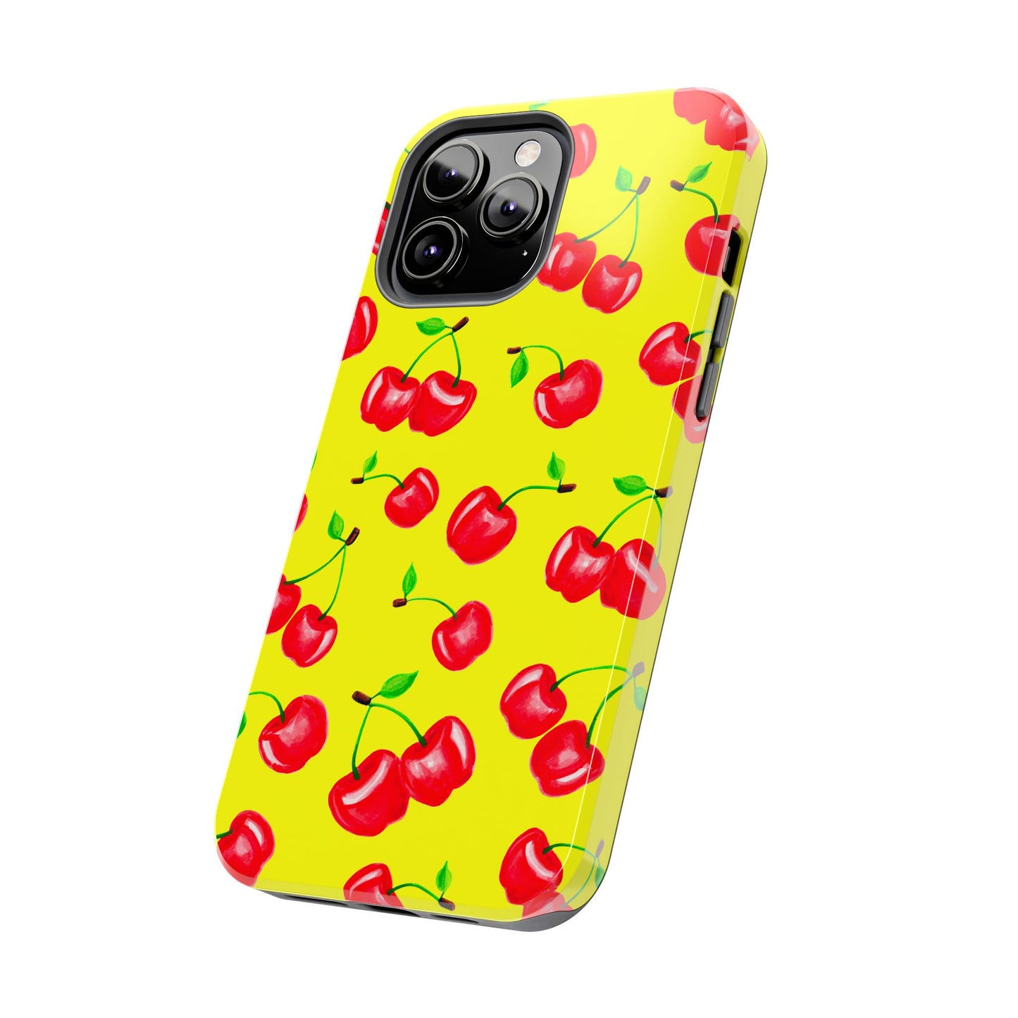 Tossed Red Watercolor Cherries Illustrated Pattern Bright Yellow Tough Phone Case | Various Models