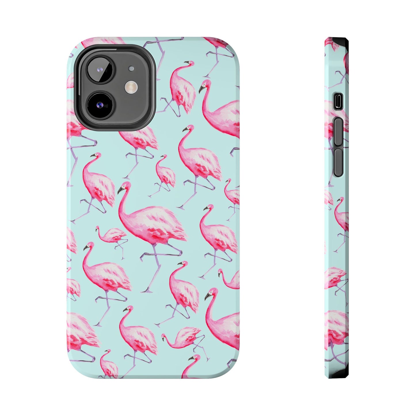 Pink Flamingos Watercolor Illustrated Tossed Pattern Blue Phone Case | Various Models iPhone 12