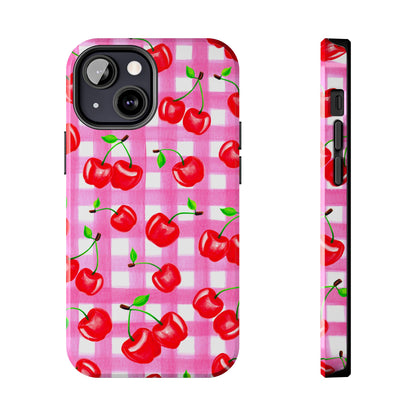 Tossed Red Watercolor Cherries Illustrated Pattern Light Pink Gingham Tough Phone Case | Various Models