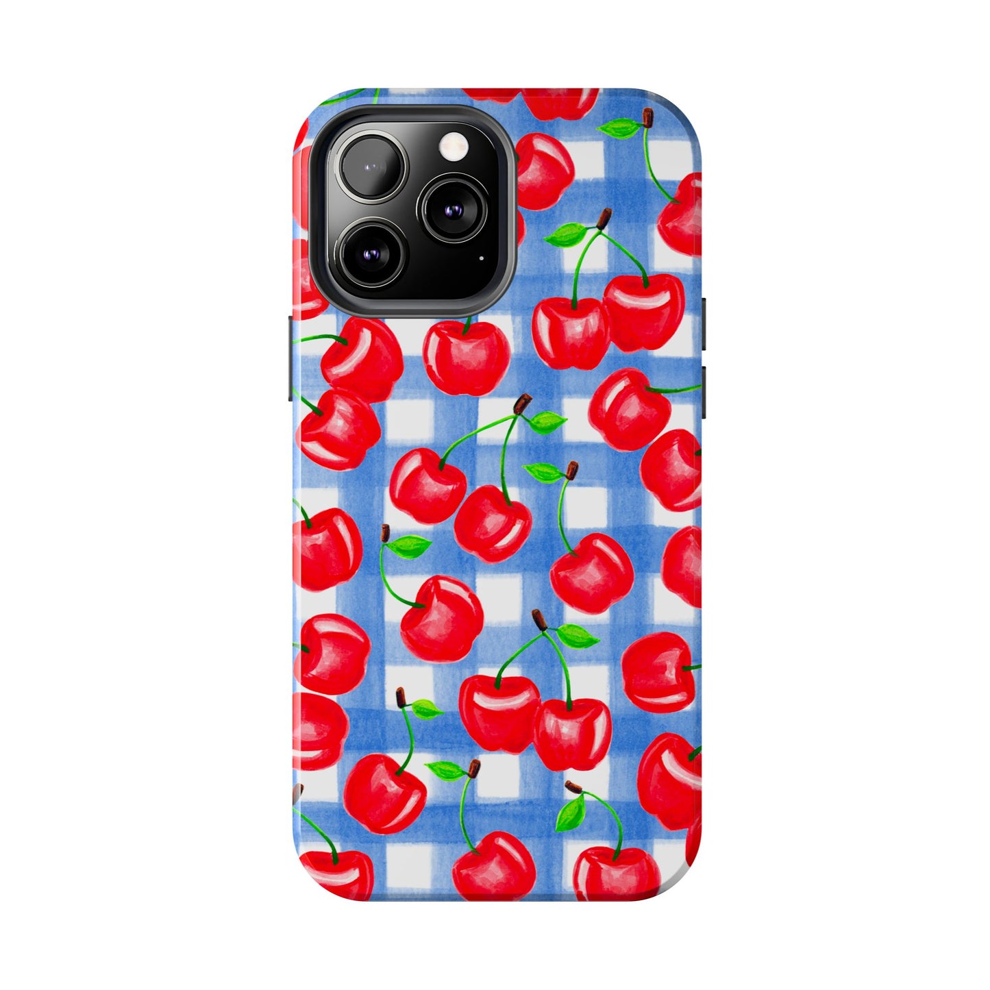 Tossed Red Cherries Blue Gingham Checkered Watercolor Illustrated Tough Phone Case | Various Models