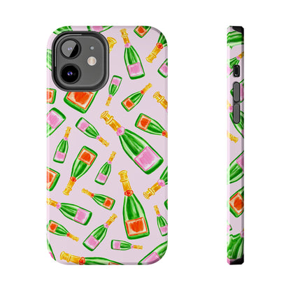 Tossed Pink and Green & Orange and Green Watercolor Illustrated Champagne Bottles Pattern Blush Pink Tough Phone Case | Various Models