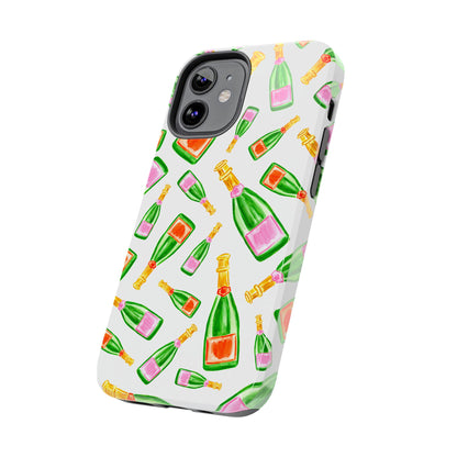 Tossed Pink and Green & Orange and Green Watercolor Illustrated Champagne Bottles Pattern Tough Phone Case | Various Models