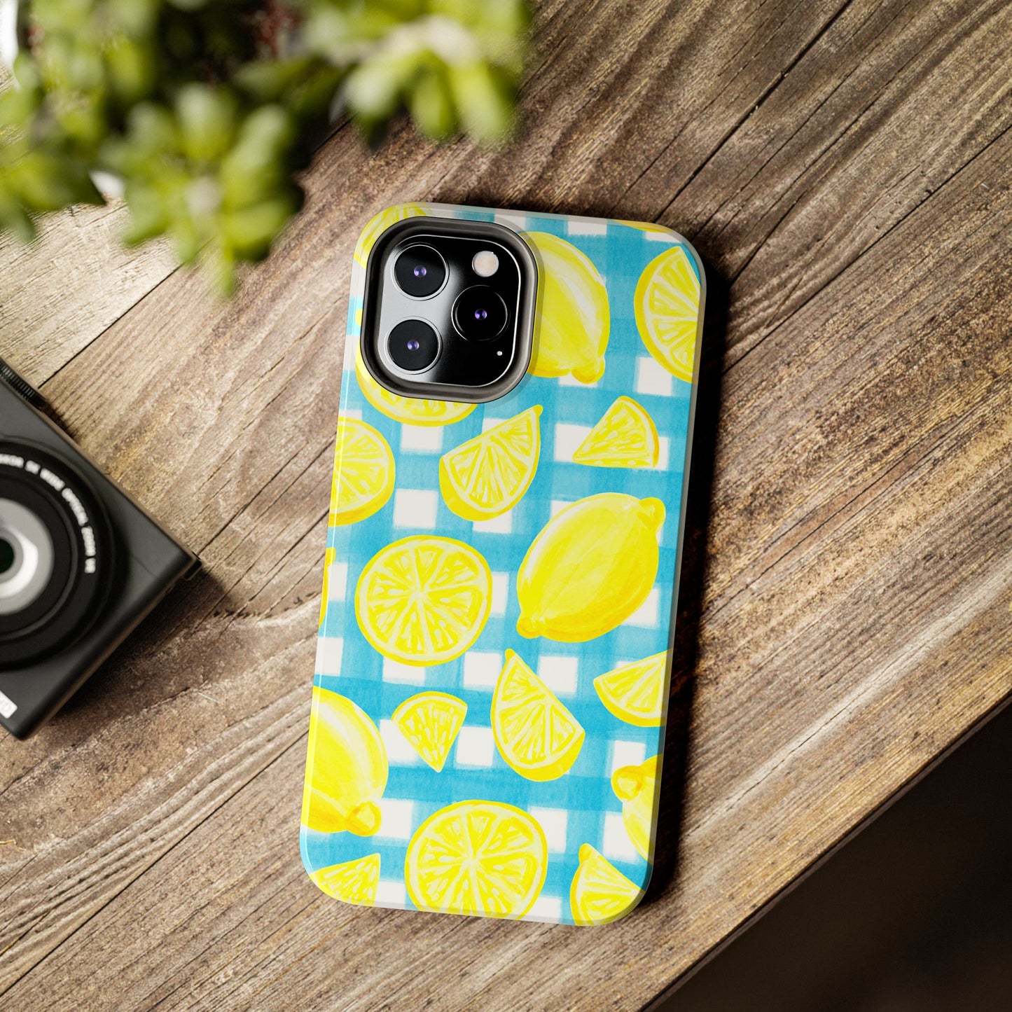 Yellow Lemons & Turquoise Gingham Watercolor Illustrated Tough Phone Case | Various Models Available