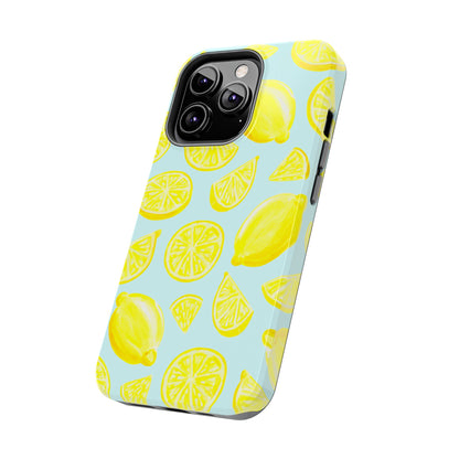 Bright Yellow Lemons Watercolor Illustrated Tossed Pattern Light Blue Tough Phone Case | Various Models