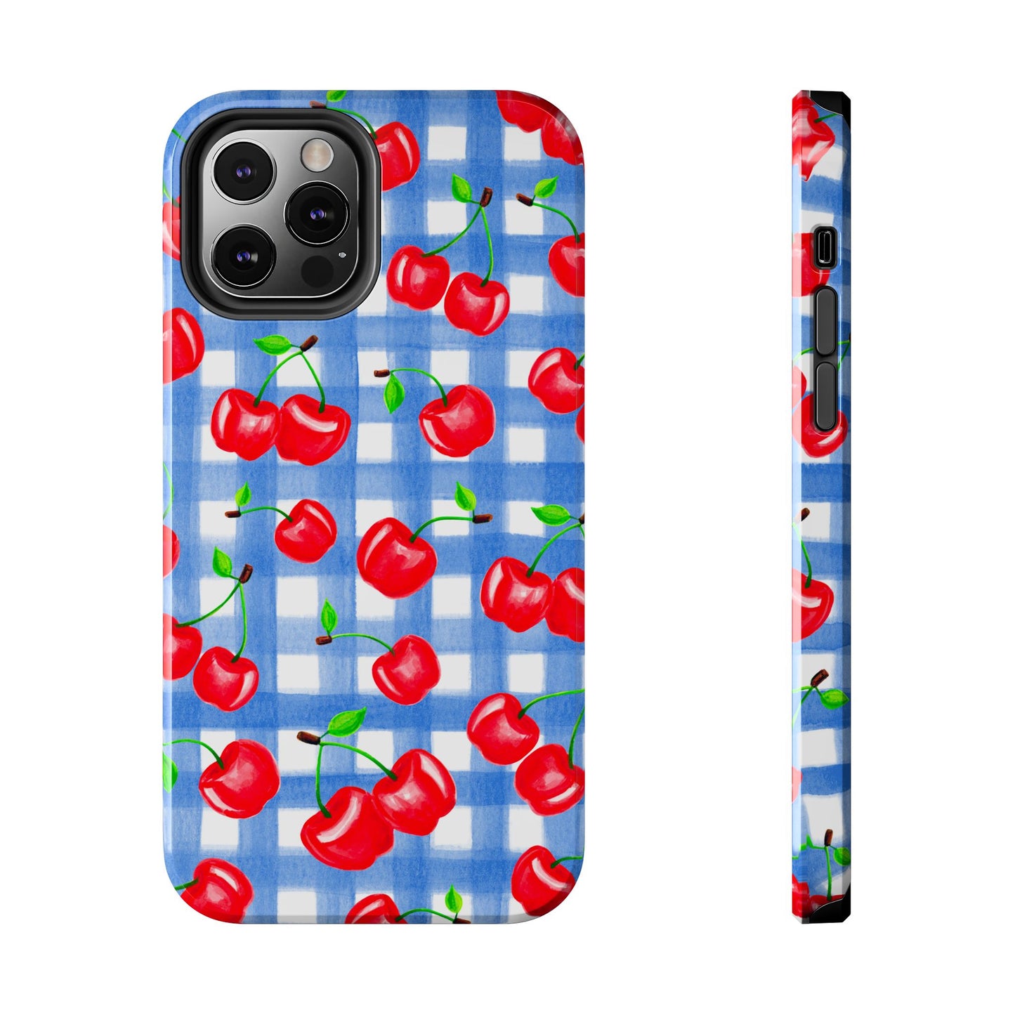 Tossed Red Watercolor Illustrated Cherries Light Blue Gingham Tough Phone Case | Various Models