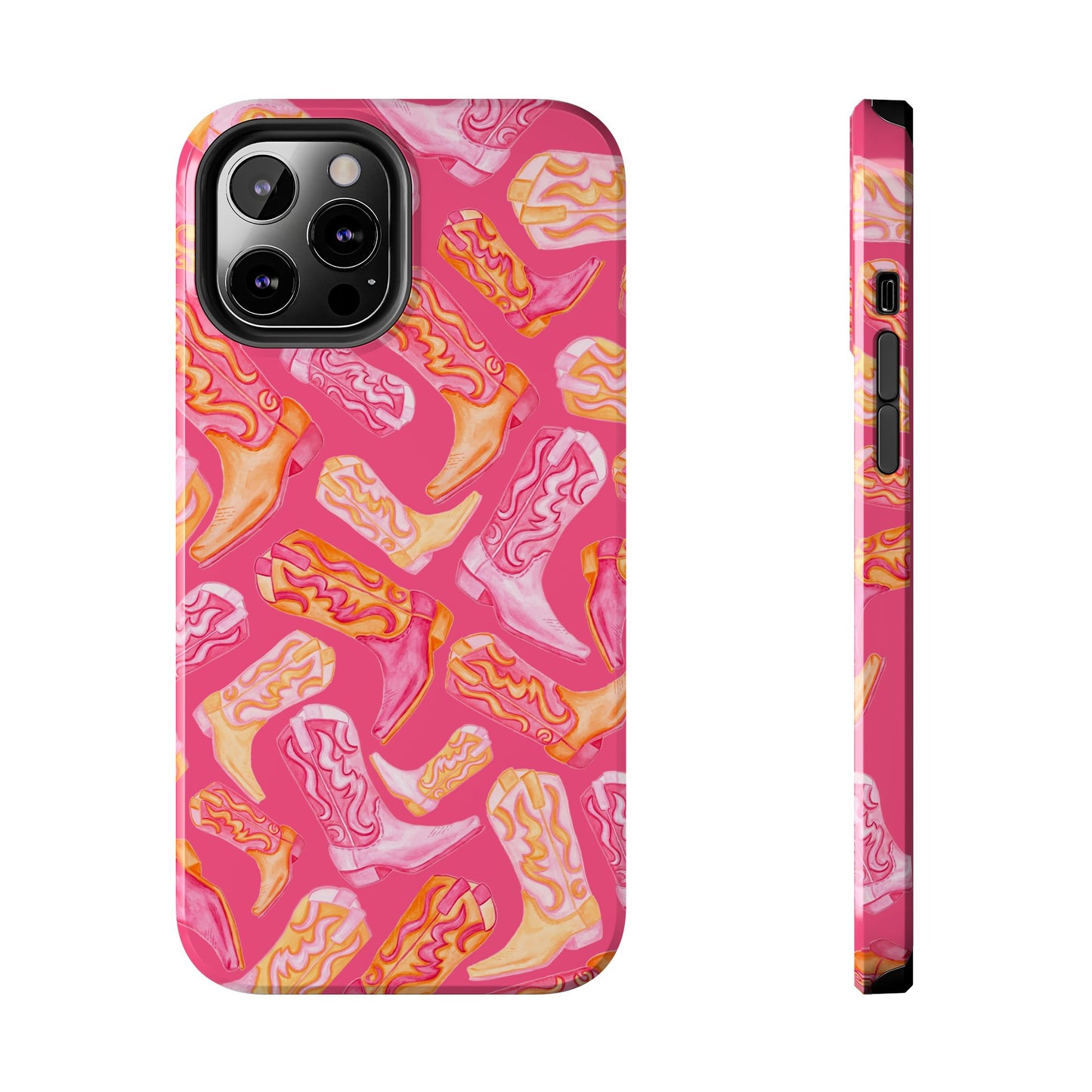 Tossed Hot Pink & Orange Watercolor Cowboy Boots Hot Pink Tough Phone Cases | Various Models iPhone 12 Pro Max