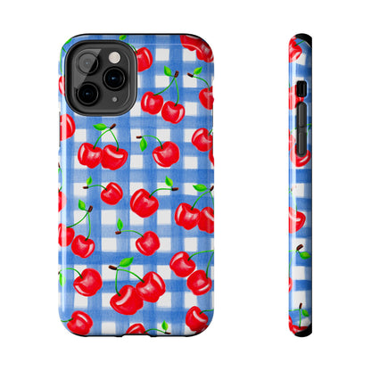 Tossed Red Watercolor Illustrated Cherries Light Blue Gingham Tough Phone Case | Various Models
