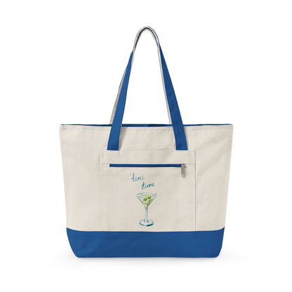 "'Tini Time" Blue Green Watercolor Martini Printed Zippered Canvas Tote 18" x 14" | Various Colors 18" x 14" x 4.5" Natural Royal