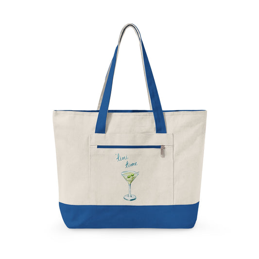 "'Tini Time" Blue Green Watercolor Martini Printed Zippered Canvas Tote 18" x 14" | Various Colors 18" x 14" x 4.5" Natural Royal