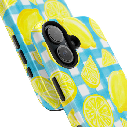Yellow Lemons & Turquoise Gingham Watercolor Illustrated Tough Phone Case | Various Models Available
