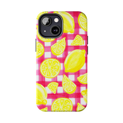 Yellow Lemons & Hot Pink Gingham Watercolor Illustrated Tough Phone Case | Various Models Available