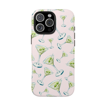Watercolor Blue and Green Martinis Tossed Illustrated Pattern Blush Pink Tough Phone Case | Various Models