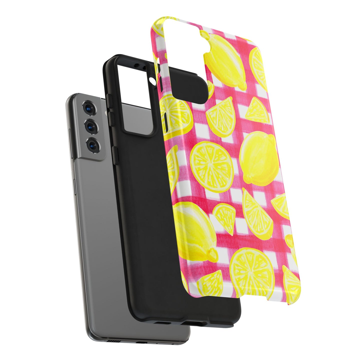 Yellow Lemons & Hot Pink Gingham Watercolor Illustrated Tough Phone Case | Various Models Available