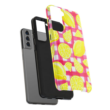 Yellow Lemons & Hot Pink Gingham Watercolor Illustrated Tough Phone Case | Various Models Available