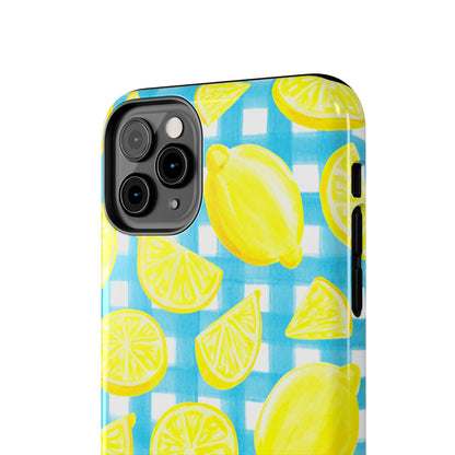 Bright Yellow Lemons Watercolor Illustrated Tossed Pattern Turquoise Gingham Tough Phone Case | Various Models