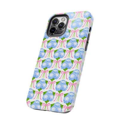 Blue Watercolor Hydrangea Bouqets with Light Pink Bows Watercolor Illustrated Patterned Tough Phone Case | Various Models