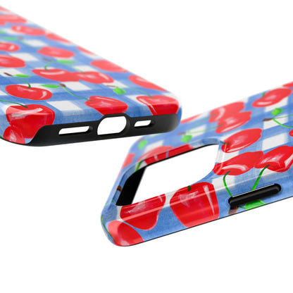 Tossed Red Cherries Blue Gingham Checkered Watercolor Illustrated Tough Phone Case | Various Models