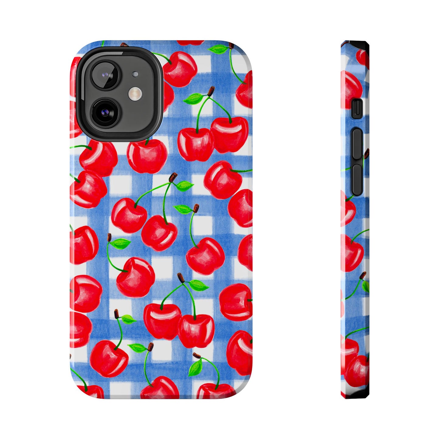 Tossed Red Cherries Blue Gingham Checkered Watercolor Illustrated Tough Phone Case | Various Models