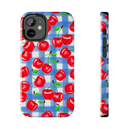 Tossed Red Cherries Blue Gingham Checkered Watercolor Illustrated Tough Phone Case | Various Models