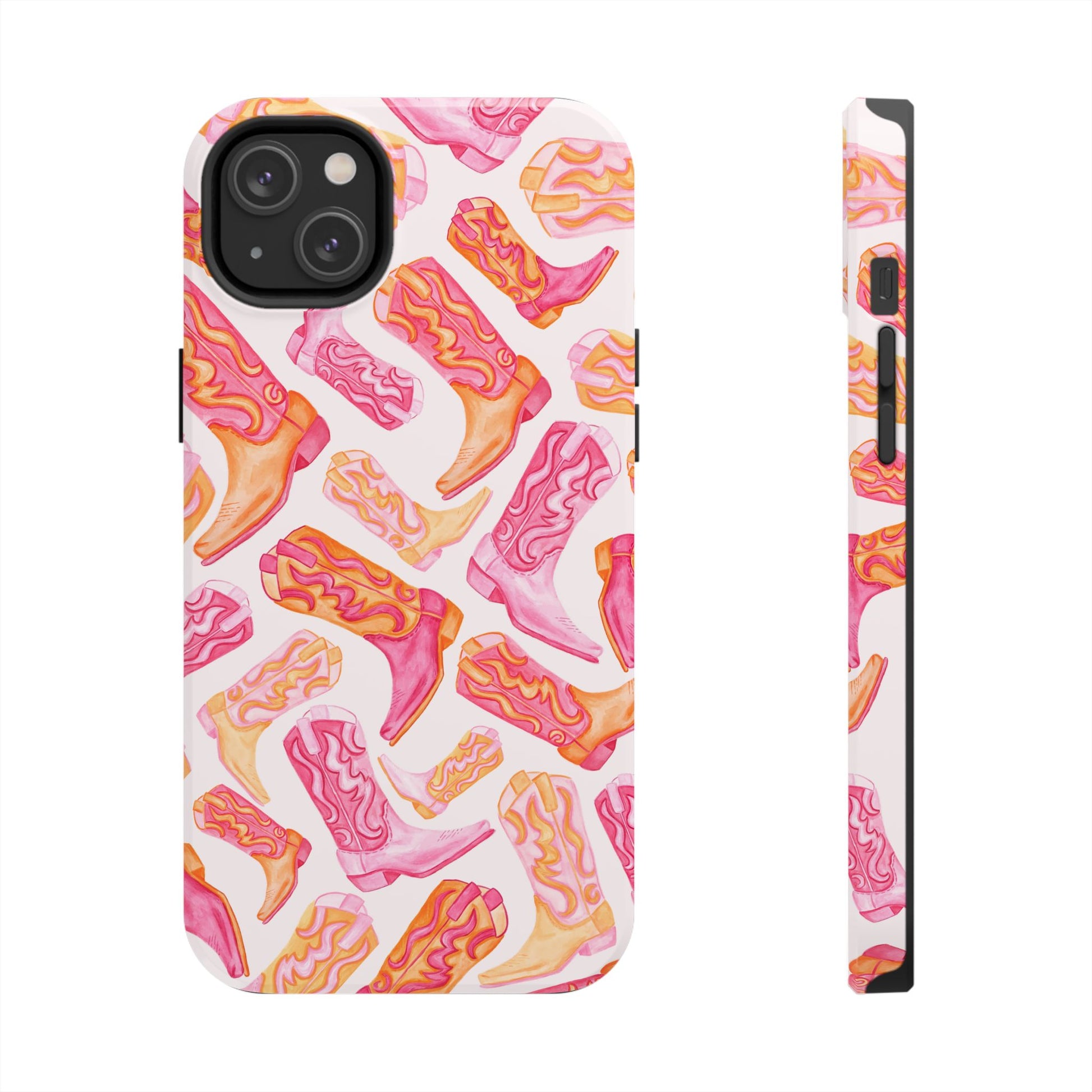 Tossed Hot Pink & Orange Watercolor Cowboy Boots Tough Light Pink Phone Case | Various Models Available iPhone 14 Plus
