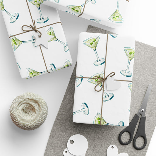 Gift Wrap | Martini Watercolor Illustrated Tossed Pattern | Matte or Glossy 30" x 180" Glossy