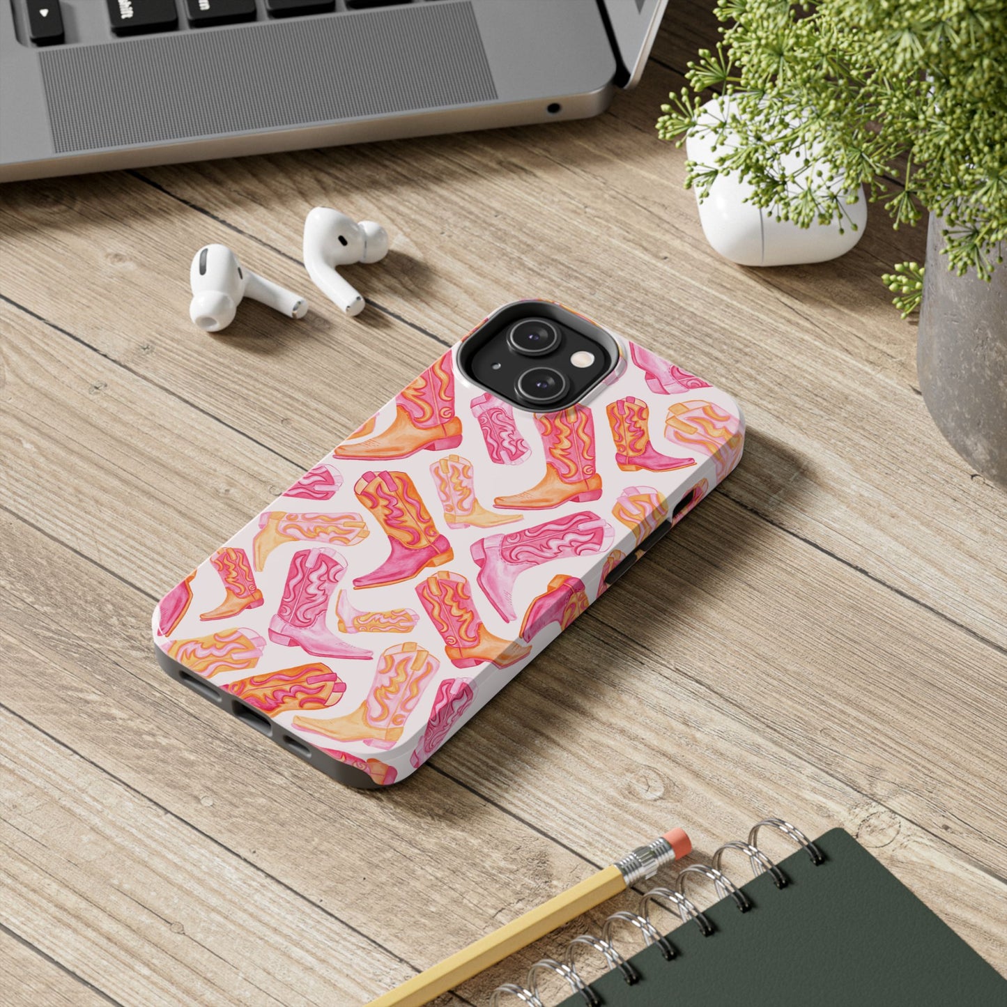 Tossed Hot Pink & Orange Watercolor Cowboy Boots Tough Light Pink Phone Case | Various Models Available