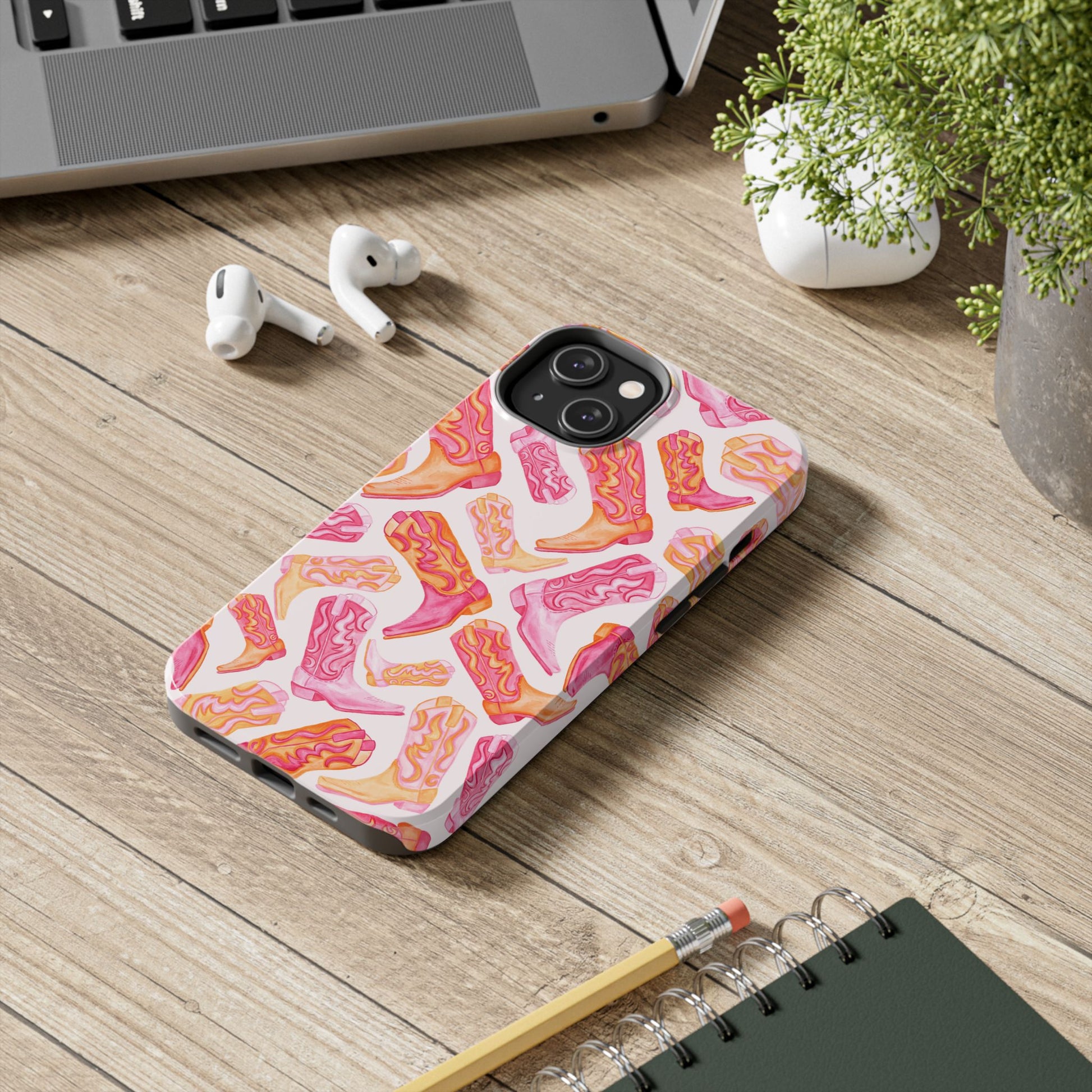 Tossed Hot Pink & Orange Watercolor Cowboy Boots Tough Light Pink Phone Case | Various Models Available