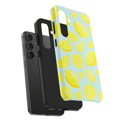 Bright Yellow Lemons Watercolor Illustrated Tossed Pattern Light Blue Tough Phone Case | Various Models