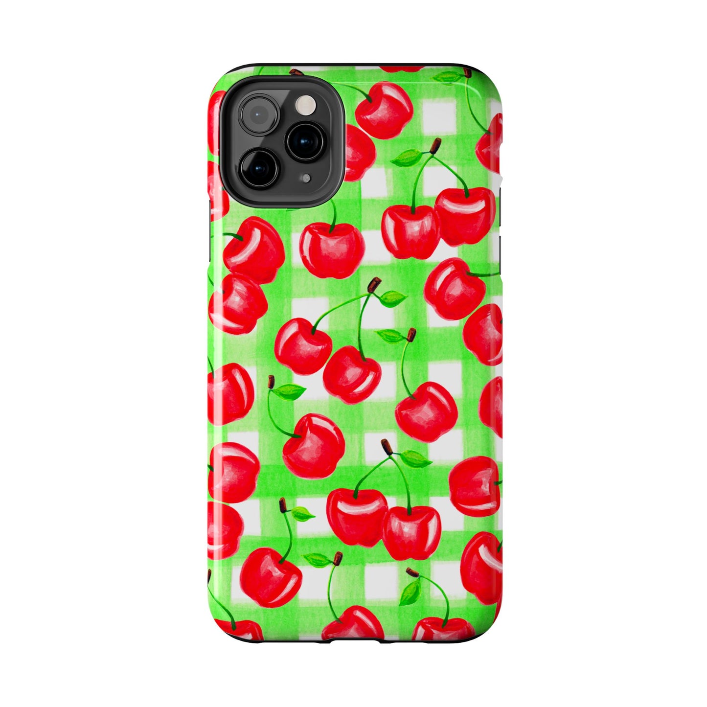 Red Tossed Cherries Green Gingham Watercolor Illustrated Tough Phone Case | Various Models Available