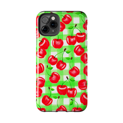 Red Tossed Cherries Green Gingham Watercolor Illustrated Tough Phone Case | Various Models Available