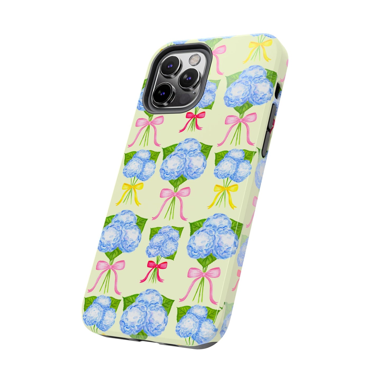 Blue Hydrangeas with Hot Pink, Yellow, Light Pink Bows Watercolor Illustrated Patterned Light Yellow Tough Phone Case | Various Models