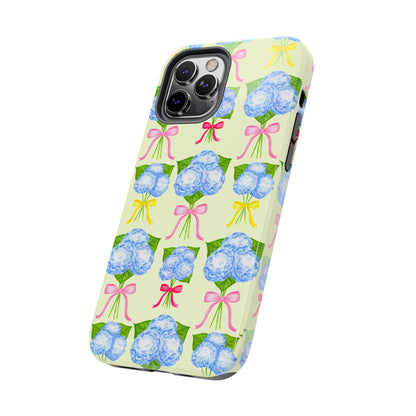 Blue Hydrangeas with Hot Pink, Yellow, Light Pink Bows Watercolor Illustrated Patterned Light Yellow Tough Phone Case | Various Models