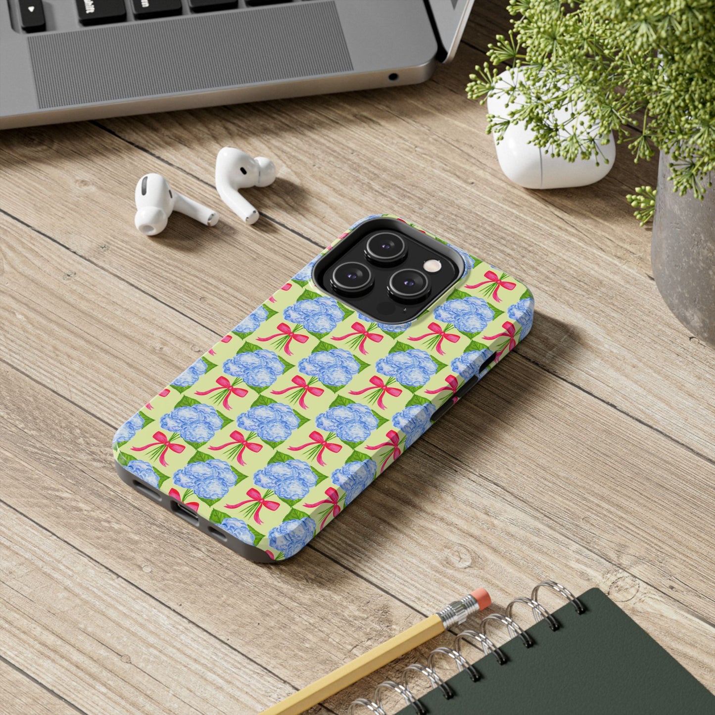 Blue Watercolor Hydrangea Bouquets with Hot Pink Bows Illustrated Patterned Yellow Preppy Grand Millenial Tough Phone Case | Various Models