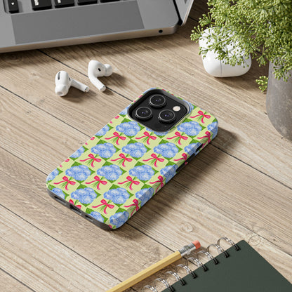 Blue Watercolor Hydrangea Bouquets with Hot Pink Bows Illustrated Patterned Yellow Preppy Grand Millenial Tough Phone Case | Various Models