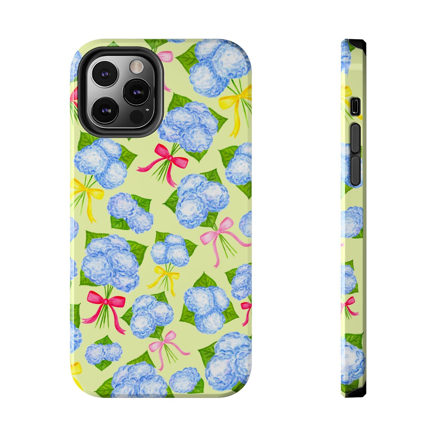 Blue Watercolor Hydrangea Bunches with Hot Pink, Yellow, Light Pink Bows Illustrated Patterned Yellow Tough Phone Case | Various Models