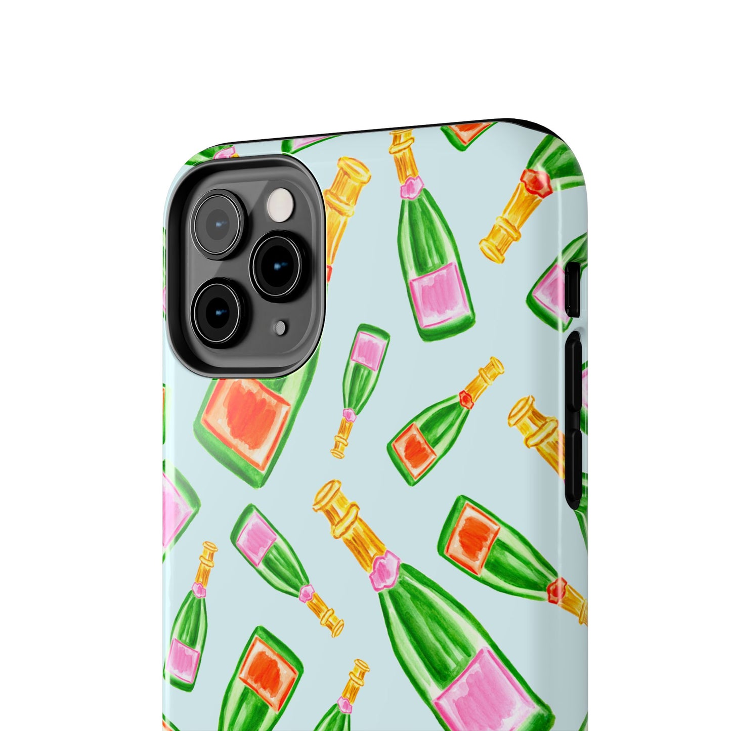 Tossed Pink and Green & Orange and Green Watercolor Illustrated Champagne Bottles Pattern Light Blue Tough Phone Case | Various Models