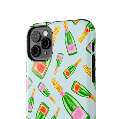 Tossed Pink and Green & Orange and Green Watercolor Illustrated Champagne Bottles Pattern Light Blue Tough Phone Case | Various Models