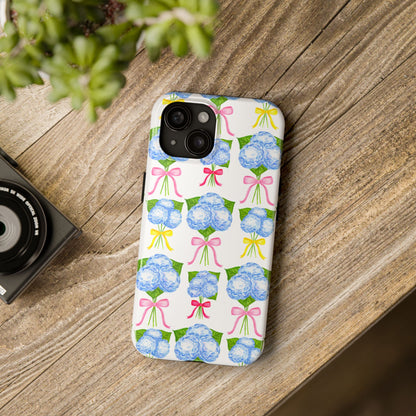 Blue Hydrangeas with Hot Pink, Yellow, Light Pink Bows Watercolor Illustrated Patterned Tough Phone Case | Various Models