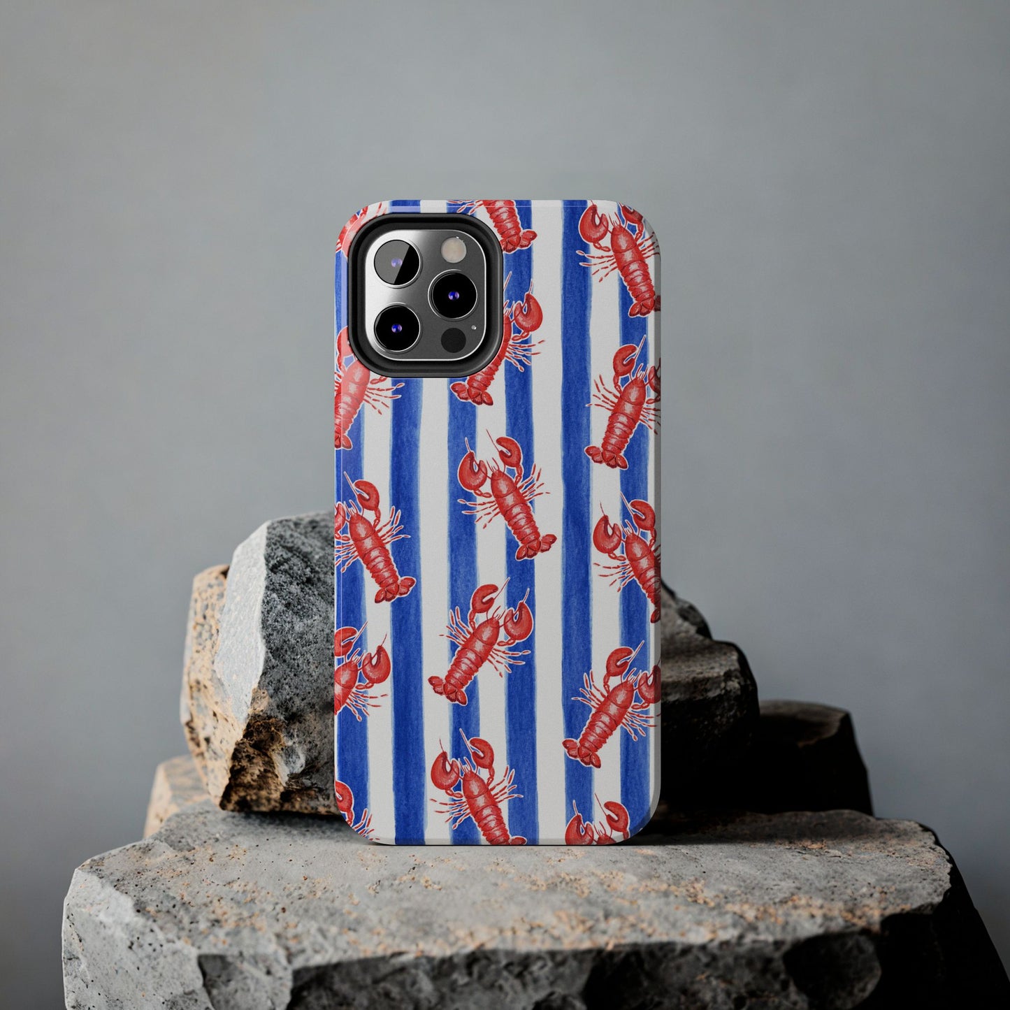 Blue & White Strip Red Lobster Watercolor Patterned Phone Case | Various Models