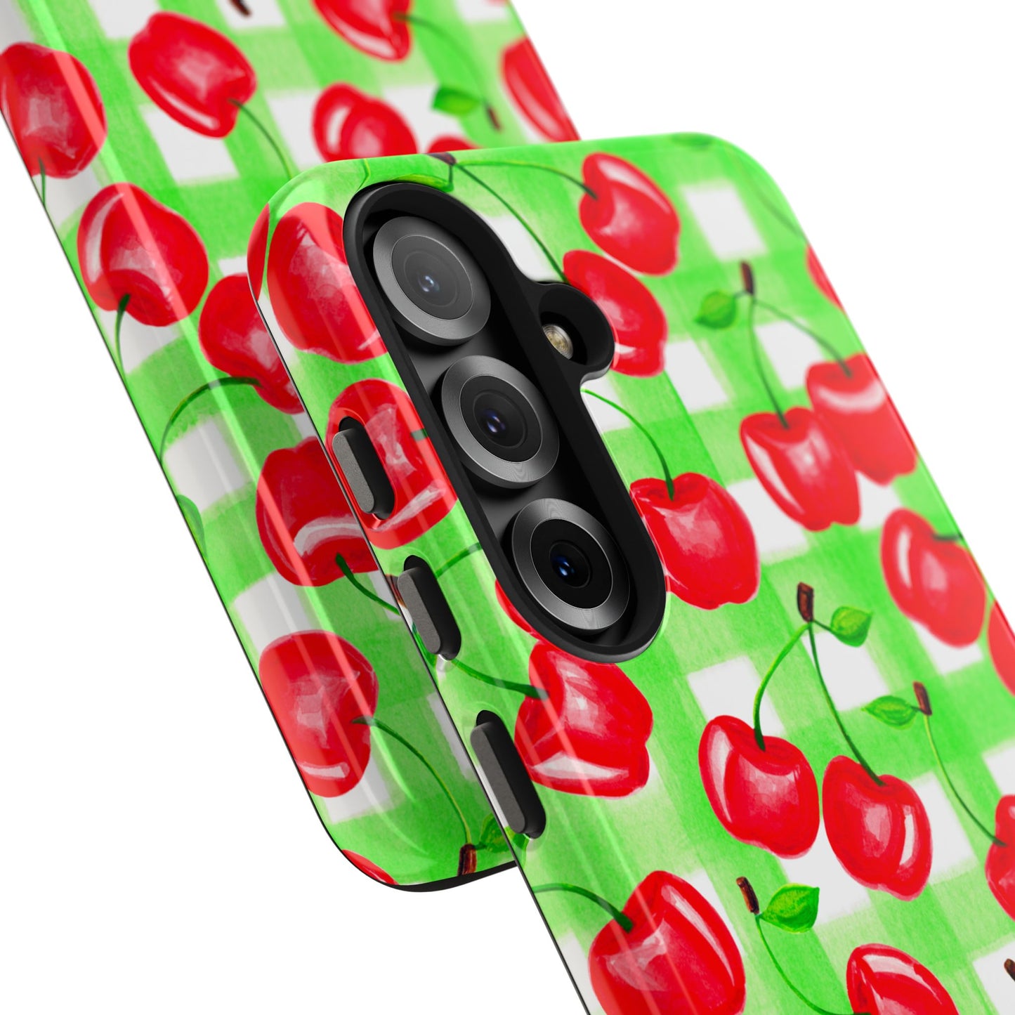 Red Tossed Cherries Green Gingham Watercolor Illustrated Tough Phone Case | Various Models Available