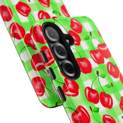 Red Tossed Cherries Green Gingham Watercolor Illustrated Tough Phone Case | Various Models Available