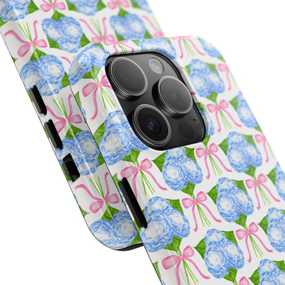 Blue Watercolor Hydrangea Bouqets with Light Pink Bows Watercolor Illustrated Patterned Tough Phone Case | Various Models