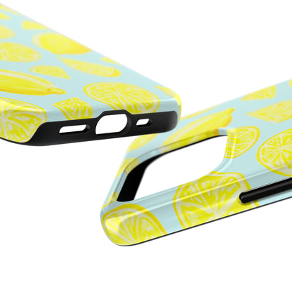 Bright Yellow Lemons Watercolor Illustrated Tossed Pattern Light Blue Tough Phone Case | Various Models